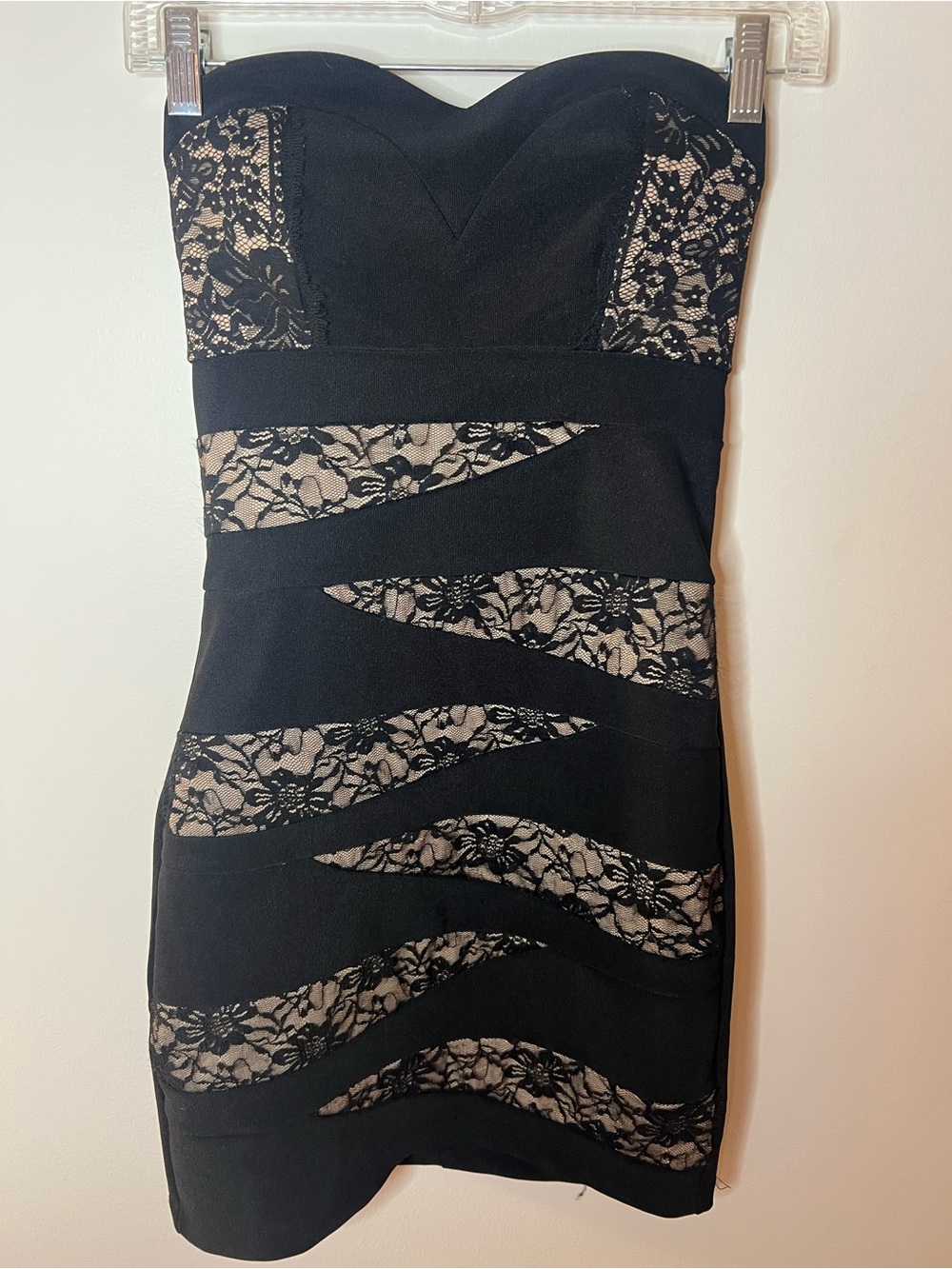 Honey and Rosie Strapless Black Dress with Nude Lace Insets